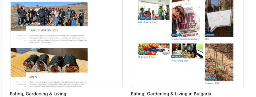 Two versions of my Eating, Gardening & Living in Bulgaria website side by side in WordPress.